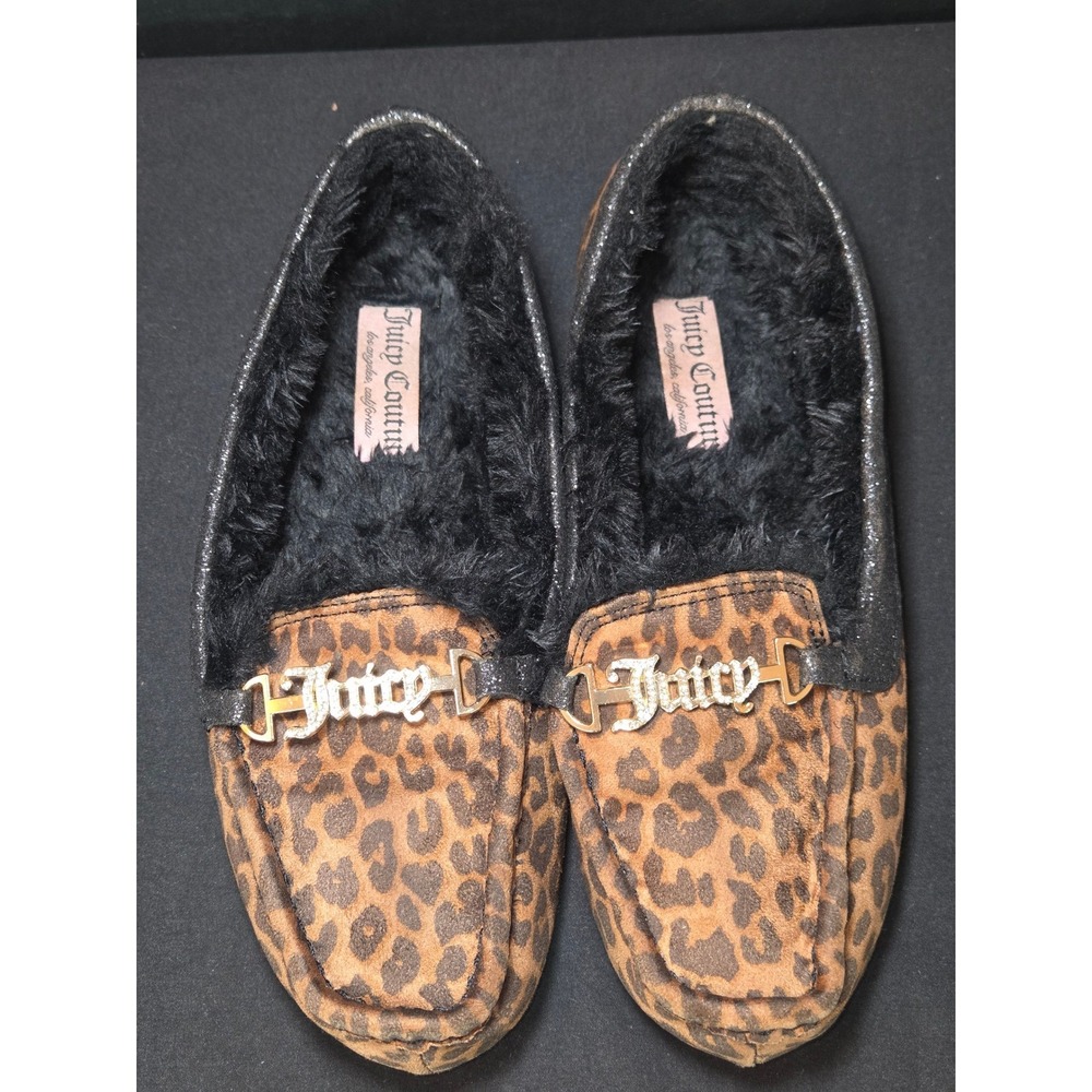 Juicy Couture Leopard Print Slippers Faux Fur Lined Rhinestone Logo Women 10M
